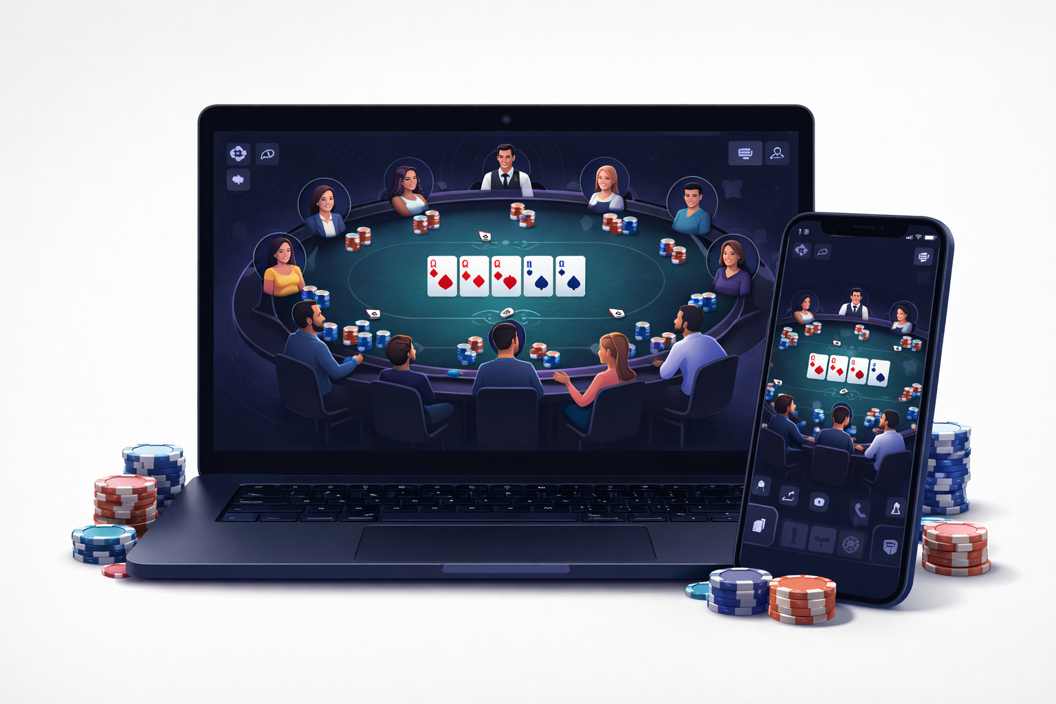 Illustration of the PokerSupreme social poker application on multiple devices