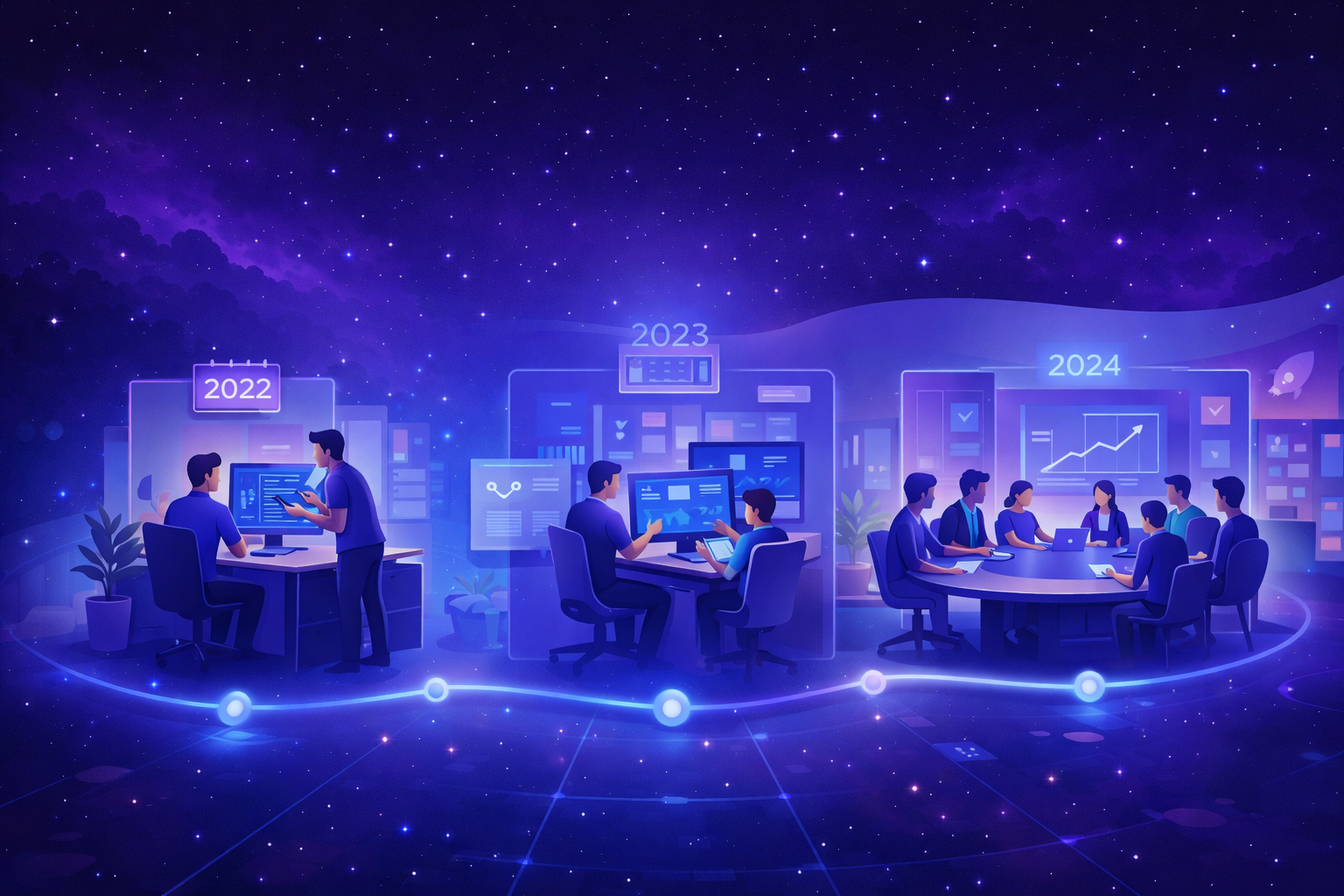 Timeline-style illustration representing the growth of Intergalactic Social Media, LLC