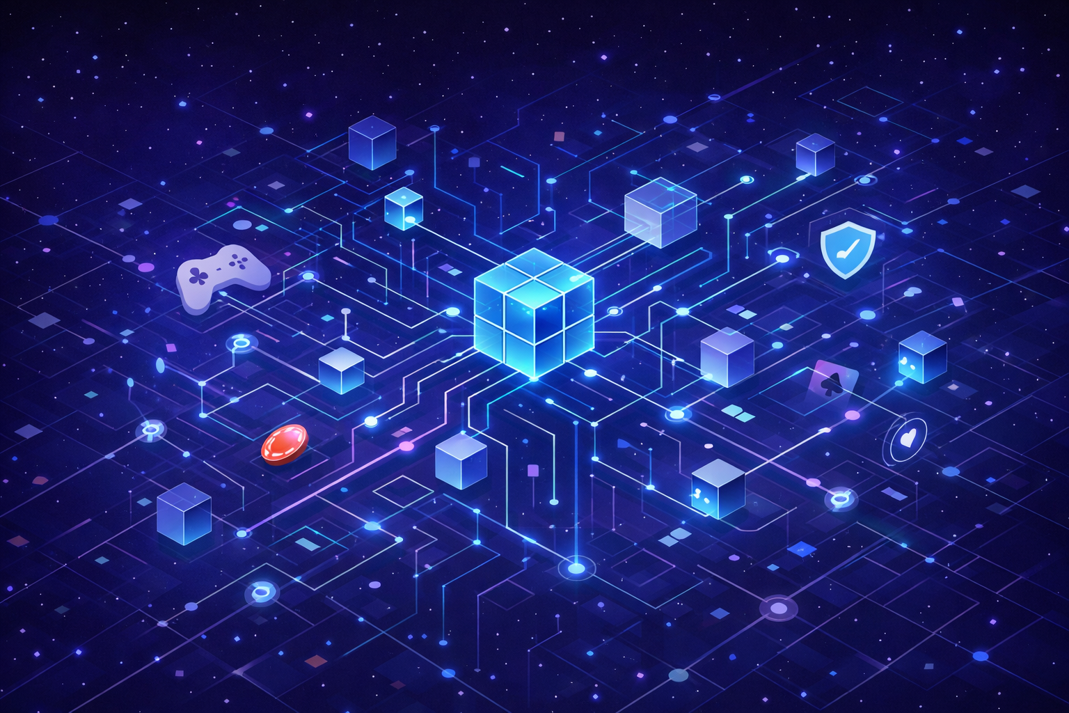 Abstract illustration of interconnected technologies representing gaming, blockchain, and the web